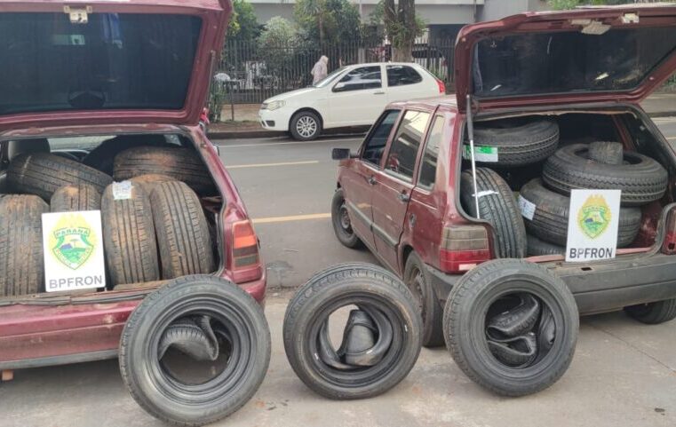 Paraguaios são flagrados transportando 160 pneus contrabandeados na PR-082