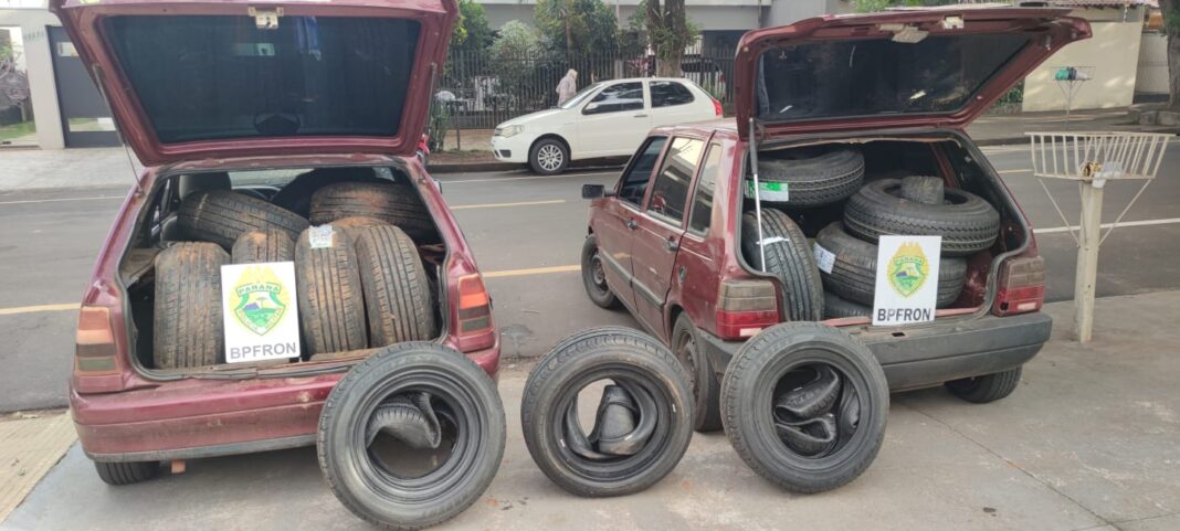 Paraguaios são flagrados transportando 160 pneus contrabandeados na PR-082