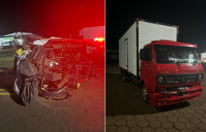 Carro que rebocava outro veículo é atingido por caminhão