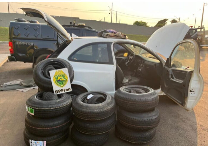 Dupla é flagrada transportando R$ 24 mil em pneus contrabandeados 