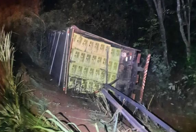 Caminhão carregado com frangos sai da pista e tomba em Cianorte