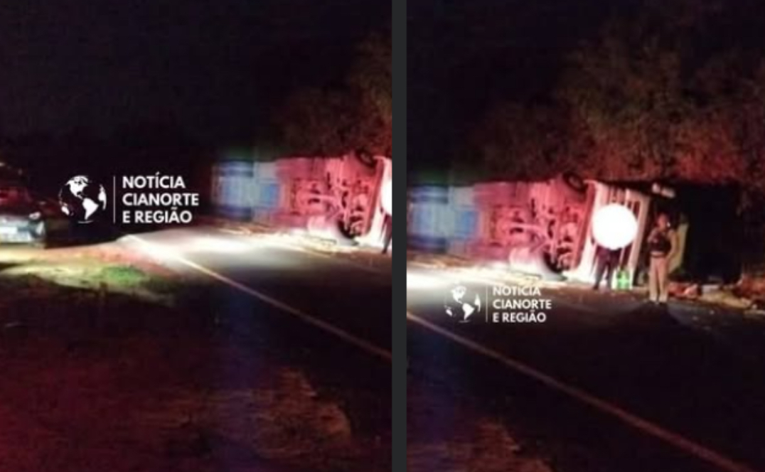 Caminhão tomba na PR-082, em Cidade Gaúcha
