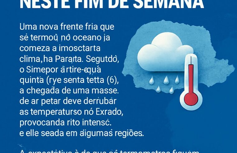 Frente fria traz geada e temperaturas negativas ao Paraná neste fim de semanaUma nova frente fria que se formou no oceano já começa a impactar o clima no Paraná. Segundo o Simepar (Sistema de Tecnologia e Monitoramento Ambiental do Paraná), entre esta quinta (7) e sexta-feira (8), a chegada de uma massa de ar polar deve derrubar as temperaturas no Estado, provocando frio intenso e até geada em algumas regiões.