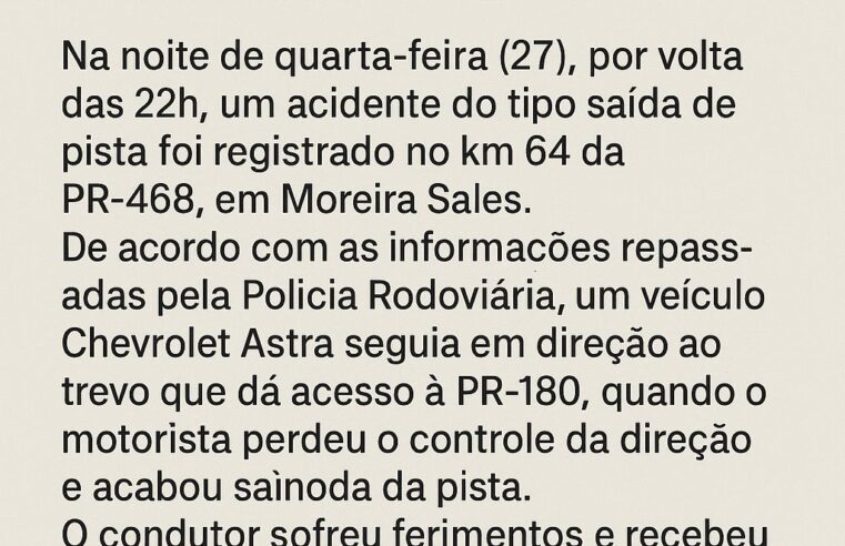 Motorista fica ferido após acidente na PR-468, em Moreira Sales