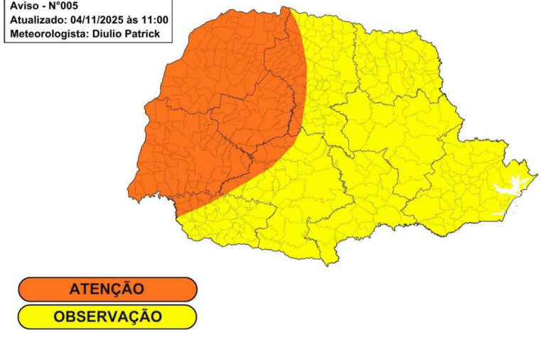 Simepar emite alerta para tempestades com ventos fortes e granizo no Paraná
