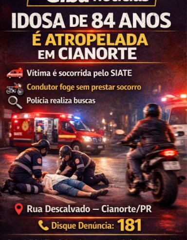 Idosa é atropelada em Cianorte e condutor foge sem prestar socorro