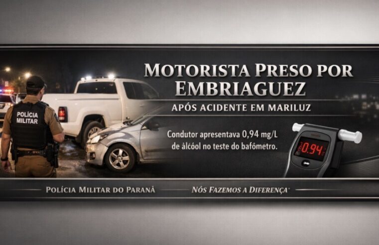 Motorista é preso por embriaguez após acidente em Mariluz