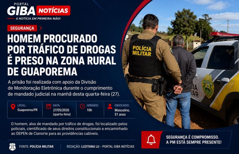 Homem procurado por tráfico de drogas é preso na zona rural de Guaporema
