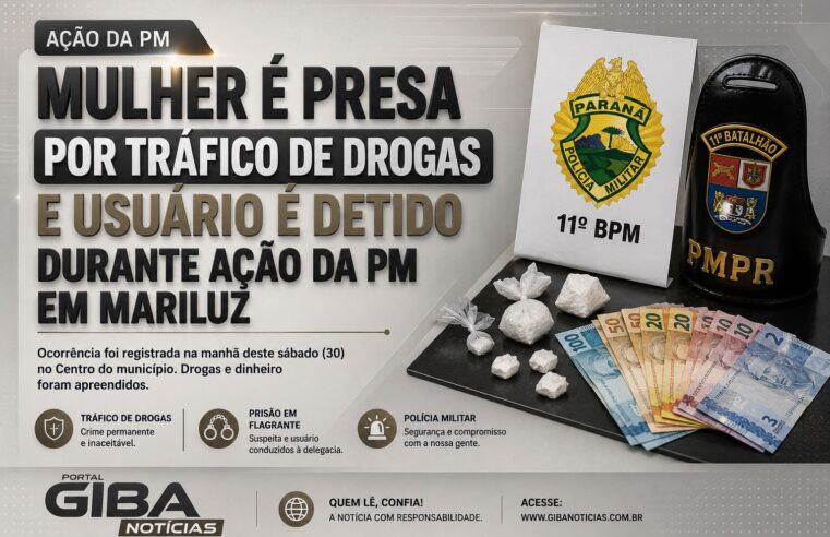 Mulher é presa por tráfico de drogas e usuário é detido durante ação da PM em Mariluz