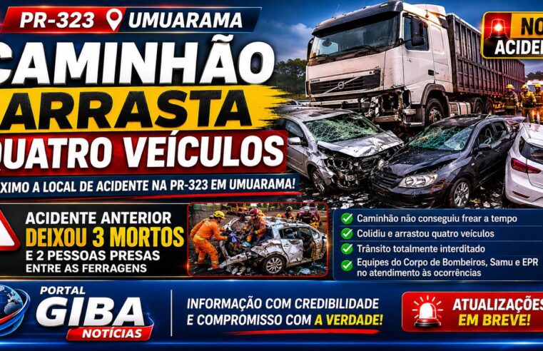 Caminhão arrasta quatro veículos em novo acidente na PR-323, próximo a local de tragédia com três mortos