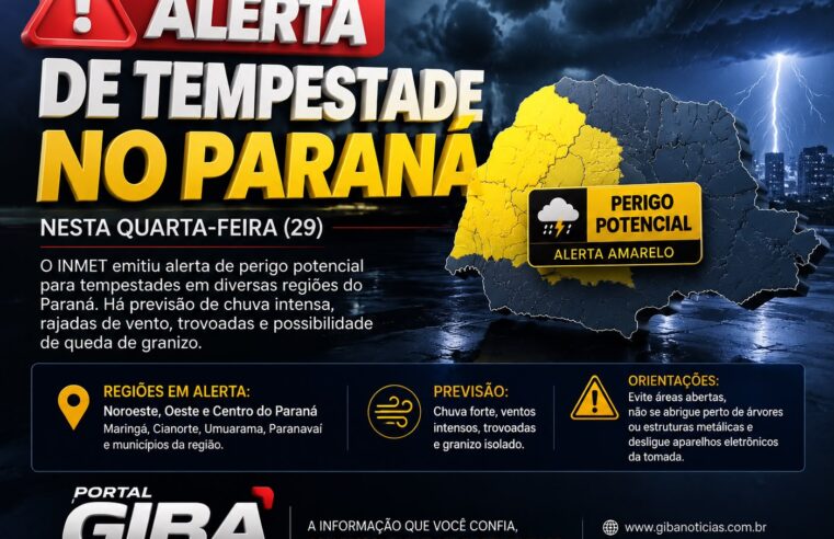 Alerta de tempestade é emitido para regiões do Paraná nesta quarta-feira (29); veja áreas de risco